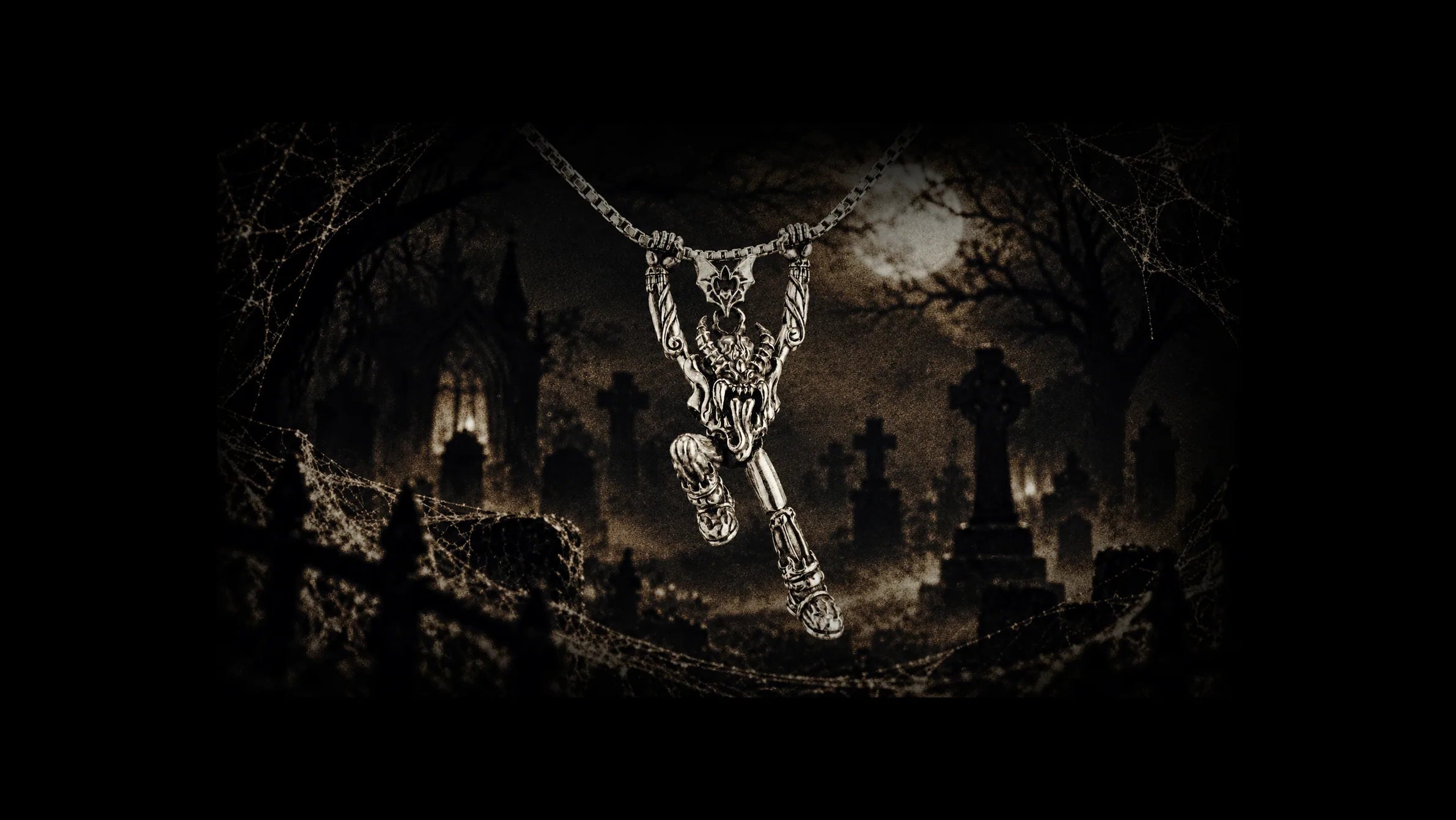 Spider Jack Lotus pendant in a dark gothic cemetery